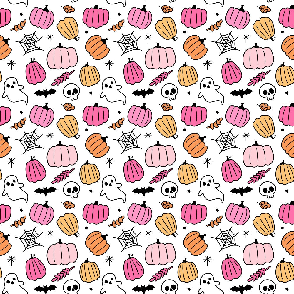 Pattern of pink and orange pumpkins, ghosts, spider webs, skulls, bats, and leaves on a white background.