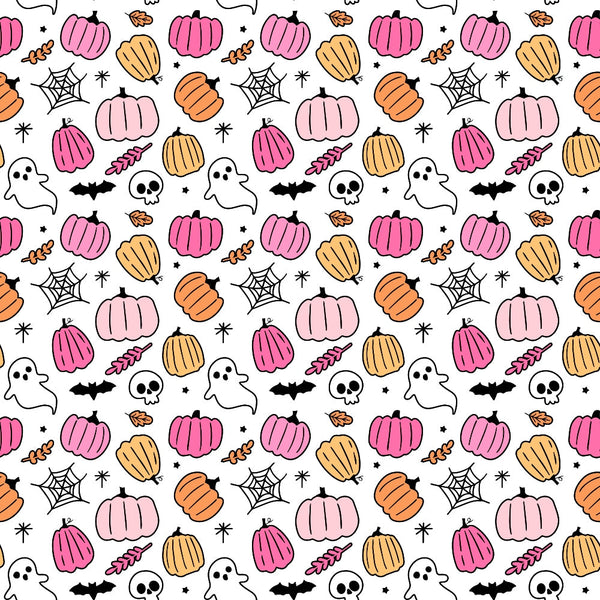 Pattern of pink and orange pumpkins, ghosts, spider webs, skulls, bats, and leaves on a white background.