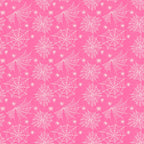 Pattern of white spider webs and small spiders on a pink background.