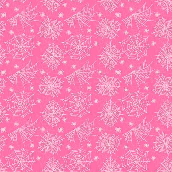 Pattern of white spider webs and small spiders on a pink background.
