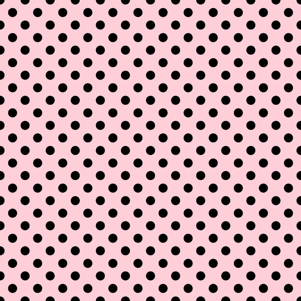 Black polka dots evenly distributed on a pink background.