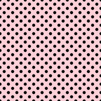 Black polka dots evenly distributed on a pink background.