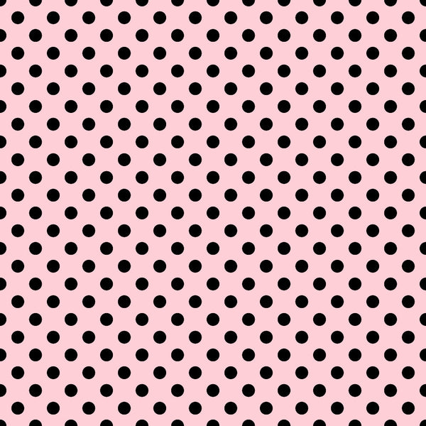 Black polka dots evenly distributed on a pink background.