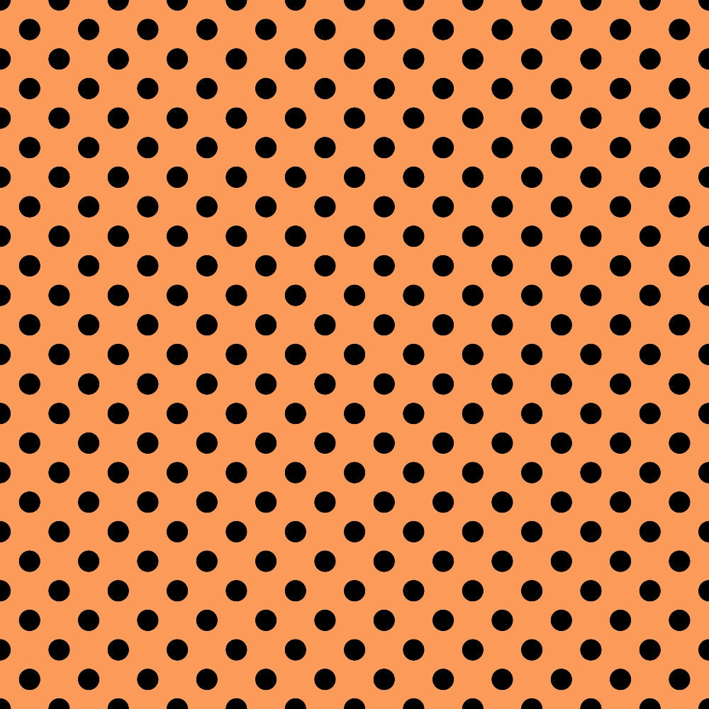 Orange background with a pattern of evenly spaced black polka dots.