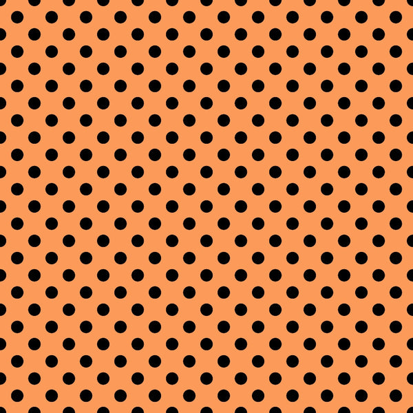 Orange background with a pattern of evenly spaced black polka dots.