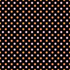 Pattern of alternating pink and orange polka dots on a black background.