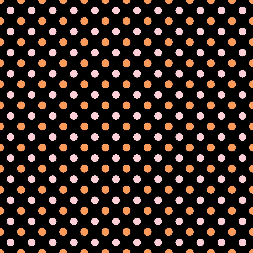Pattern of alternating pink and orange polka dots on a black background.
