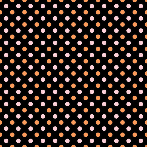 Pattern of alternating pink and orange polka dots on a black background.