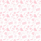 A seamless pattern featuring pink Halloween-themed icons, including ghosts, pumpkins, skulls, bats, witch hats, bones, and the word BOO! on a white background.