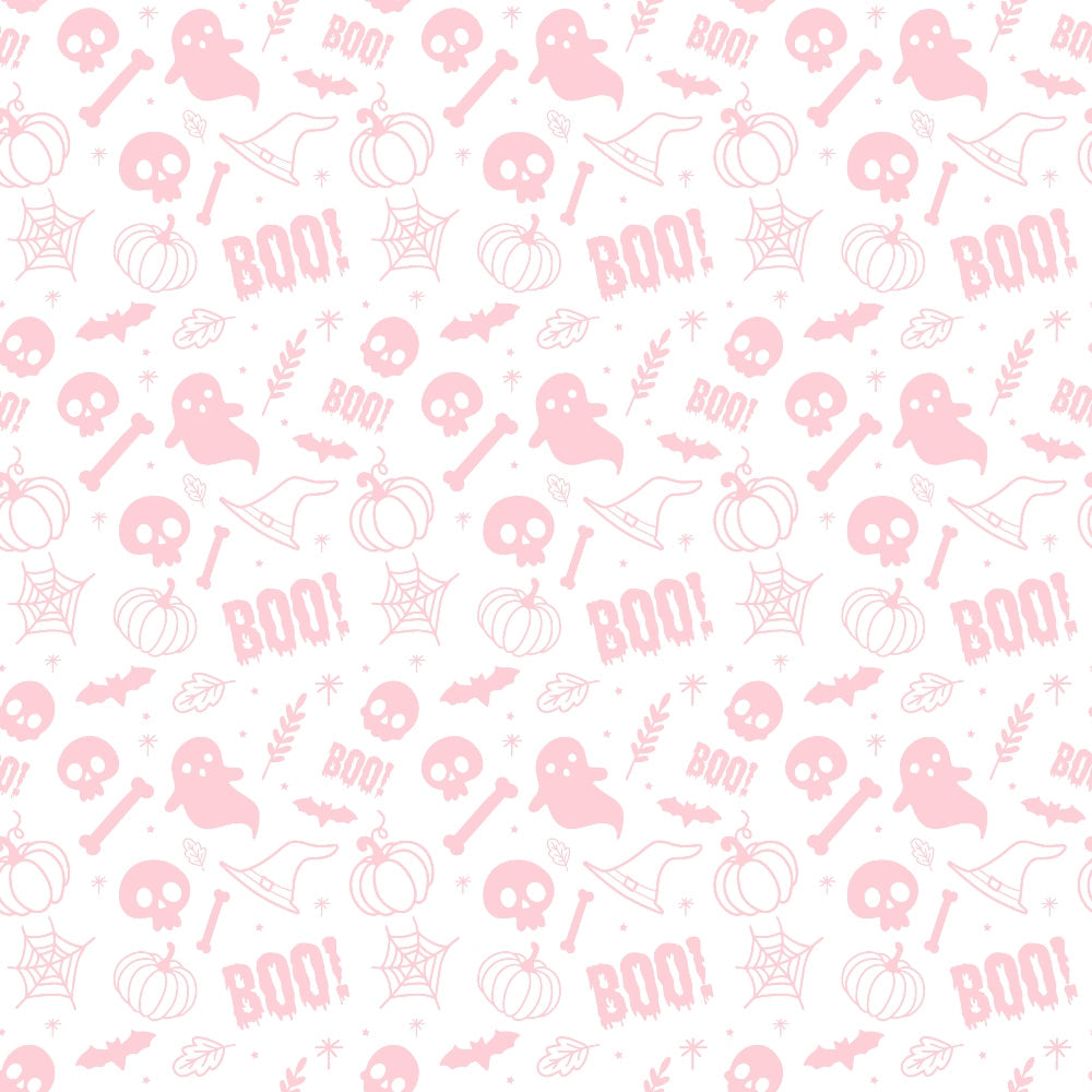 A seamless pattern featuring pink Halloween-themed icons, including ghosts, pumpkins, skulls, bats, witch hats, bones, and the word BOO! on a white background.