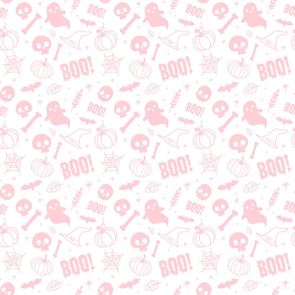 A seamless pattern featuring pink Halloween-themed icons, including ghosts, pumpkins, skulls, bats, witch hats, bones, and the word BOO! on a white background.