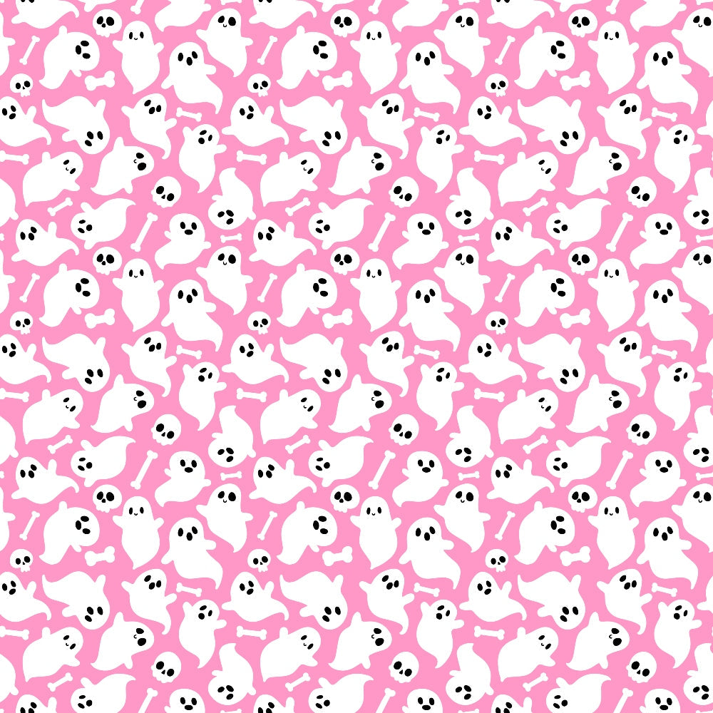 Pattern of white ghosts, skulls, and bones on a pink background.
