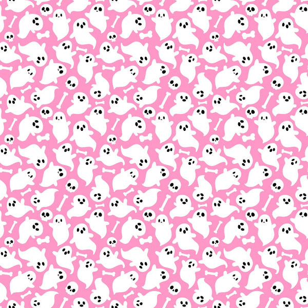 Pattern of white ghosts, skulls, and bones on a pink background.