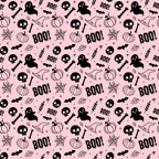 Halloween-themed pattern with ghosts, pumpkins, skulls, bones, bats, spider webs, leaves, stars, and the word BOO! on a pink background.