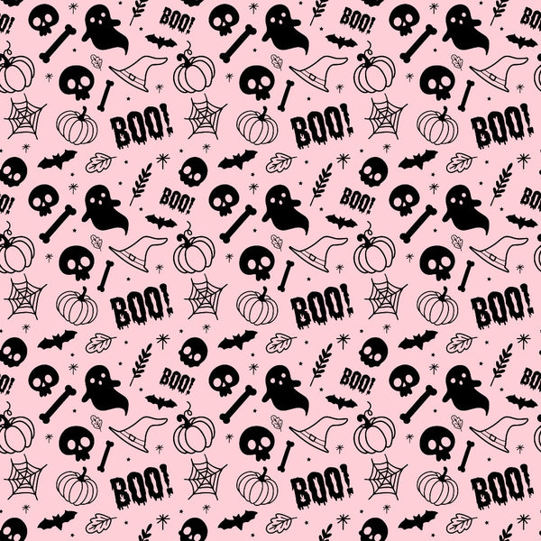 Halloween-themed pattern with ghosts, pumpkins, skulls, bones, bats, spider webs, leaves, stars, and the word BOO! on a pink background.