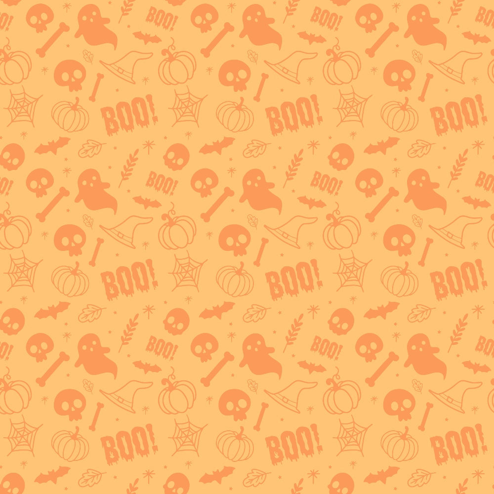 Orange Halloween-themed pattern with ghost, skull, pumpkin, bat, spider web, witch hat, bone, leaf, and BOO! motifs.