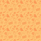 Orange Halloween-themed pattern with ghost, skull, pumpkin, bat, spider web, witch hat, bone, leaf, and BOO! motifs.