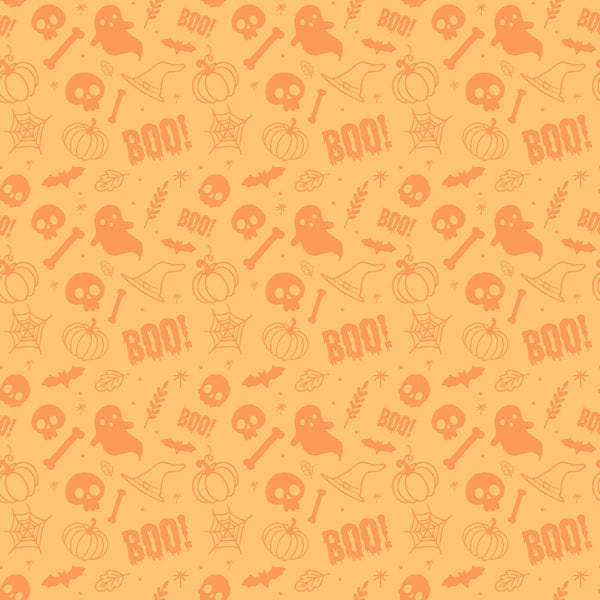 Orange Halloween-themed pattern with ghost, skull, pumpkin, bat, spider web, witch hat, bone, leaf, and BOO! motifs.