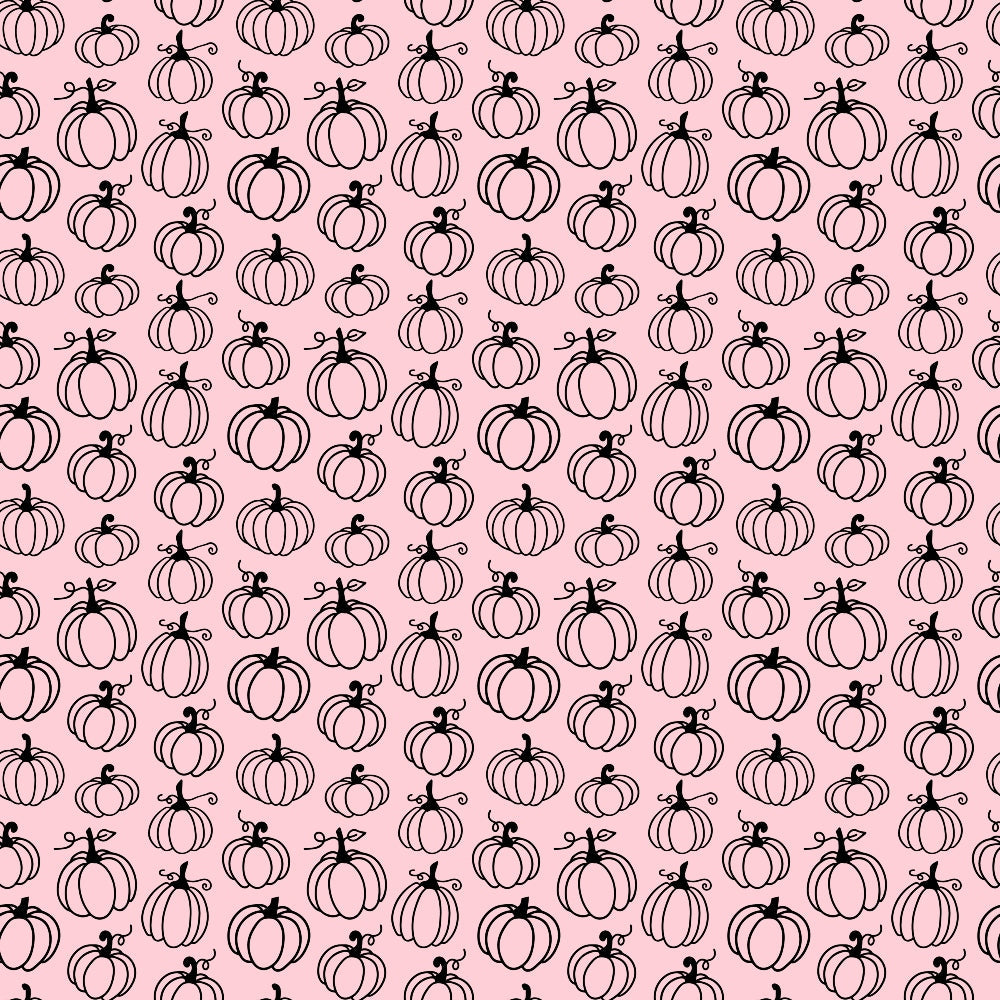 Pattern of black outlined pumpkins on a pink background, arranged in evenly spaced rows and columns.