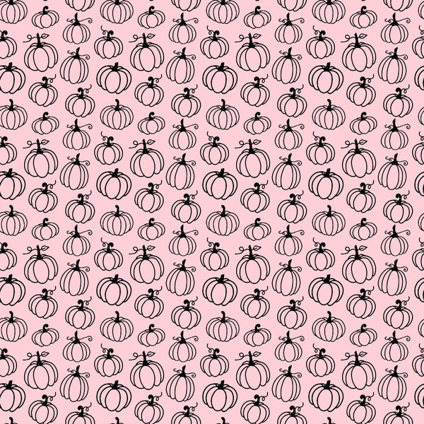 Pattern of black outlined pumpkins on a pink background, arranged in evenly spaced rows and columns.