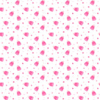 A pattern of pink candy corn and small pink dots scattered on a white background.