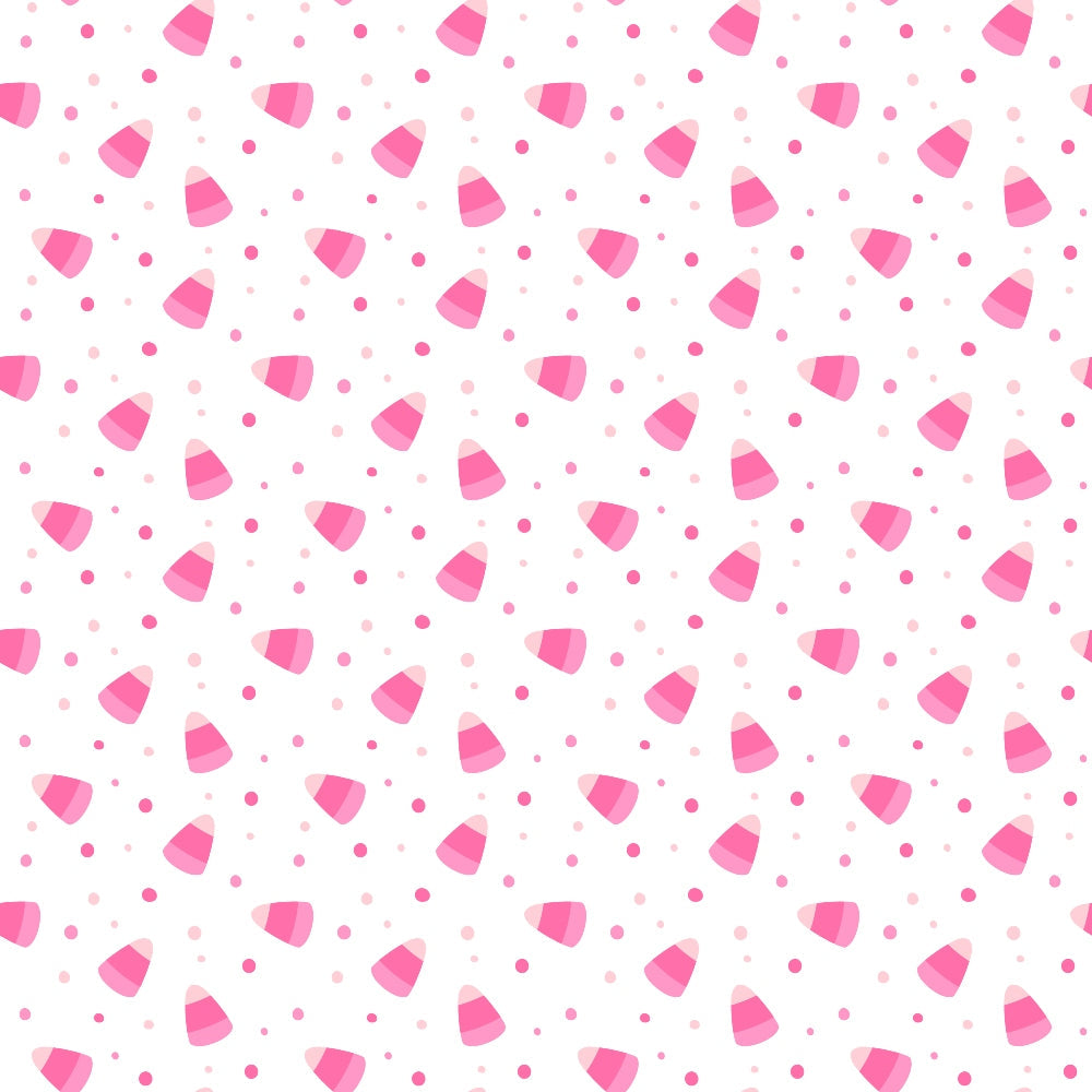A pattern of pink candy corn and small pink dots scattered on a white background.