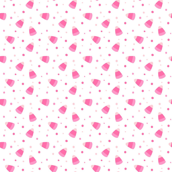 A pattern of pink candy corn and small pink dots scattered on a white background.