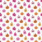 Pattern of pink, orange, and yellow pumpkins with various facial expressions on a white background.