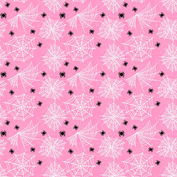 Pattern of white spiderwebs and black spiders on a pink background.
