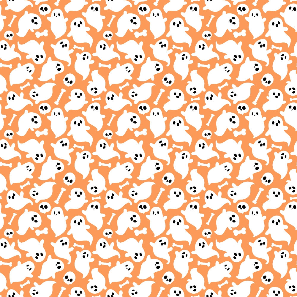 Pattern of white ghosts, black skulls, and bones scattered on an orange background.