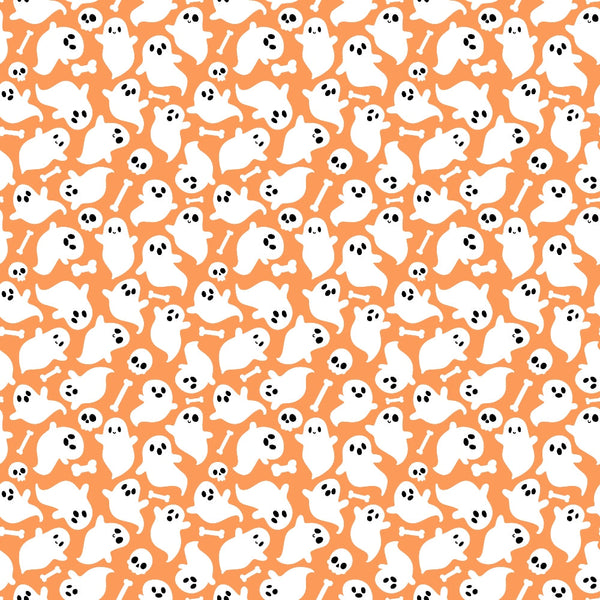 Pattern of white ghosts, black skulls, and bones scattered on an orange background.