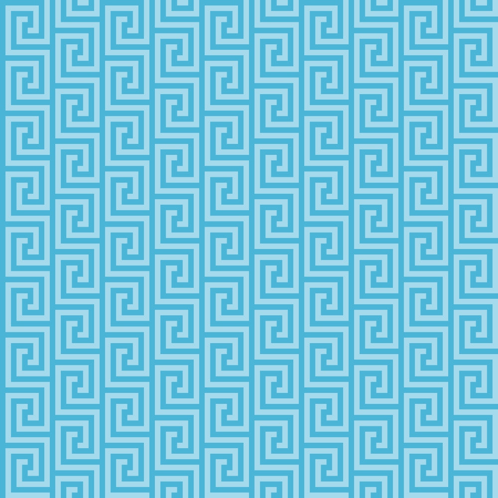 Turquoise Greek key pattern on a light blue background, featuring a series of interlocking square spirals arranged in vertical columns.