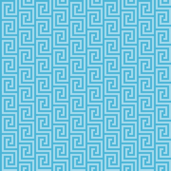 Turquoise Greek key pattern on a light blue background, featuring a series of interlocking square spirals arranged in vertical columns.