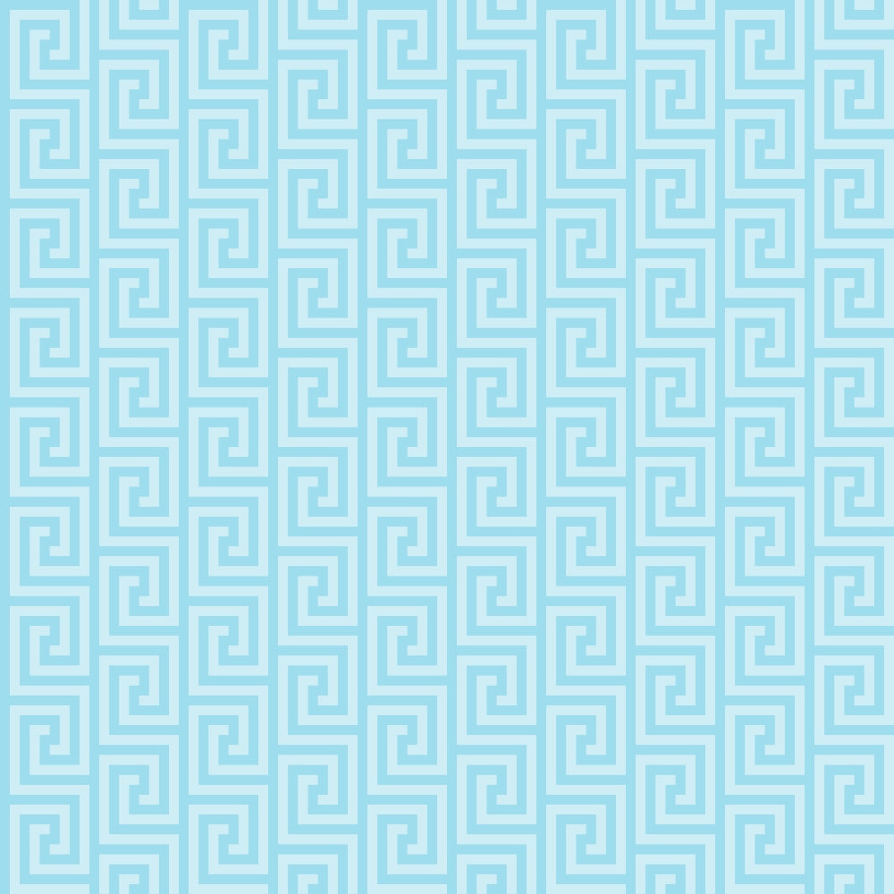 A seamless geometric pattern featuring light blue Greek key designs on a slightly darker blue background.