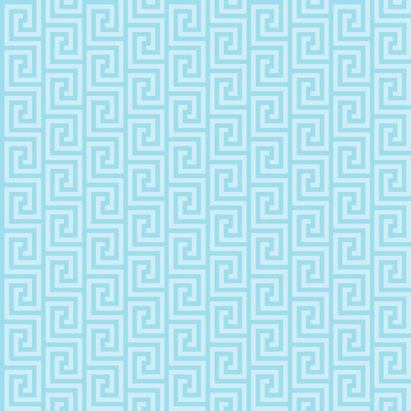 A seamless geometric pattern featuring light blue Greek key designs on a slightly darker blue background.