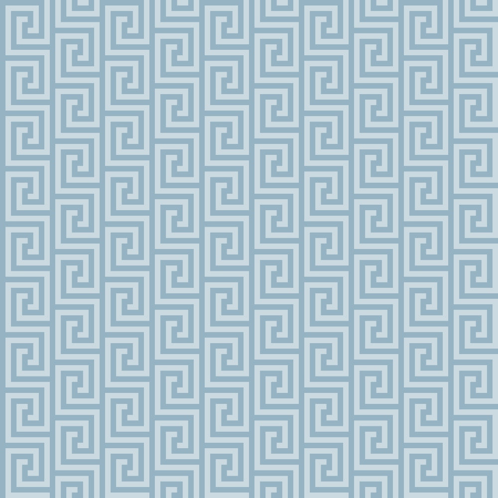 A seamless blue Greek key pattern with interlocking spiral shapes on a light background.