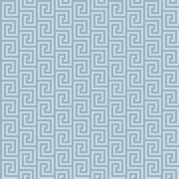 A seamless blue Greek key pattern with interlocking spiral shapes on a light background.