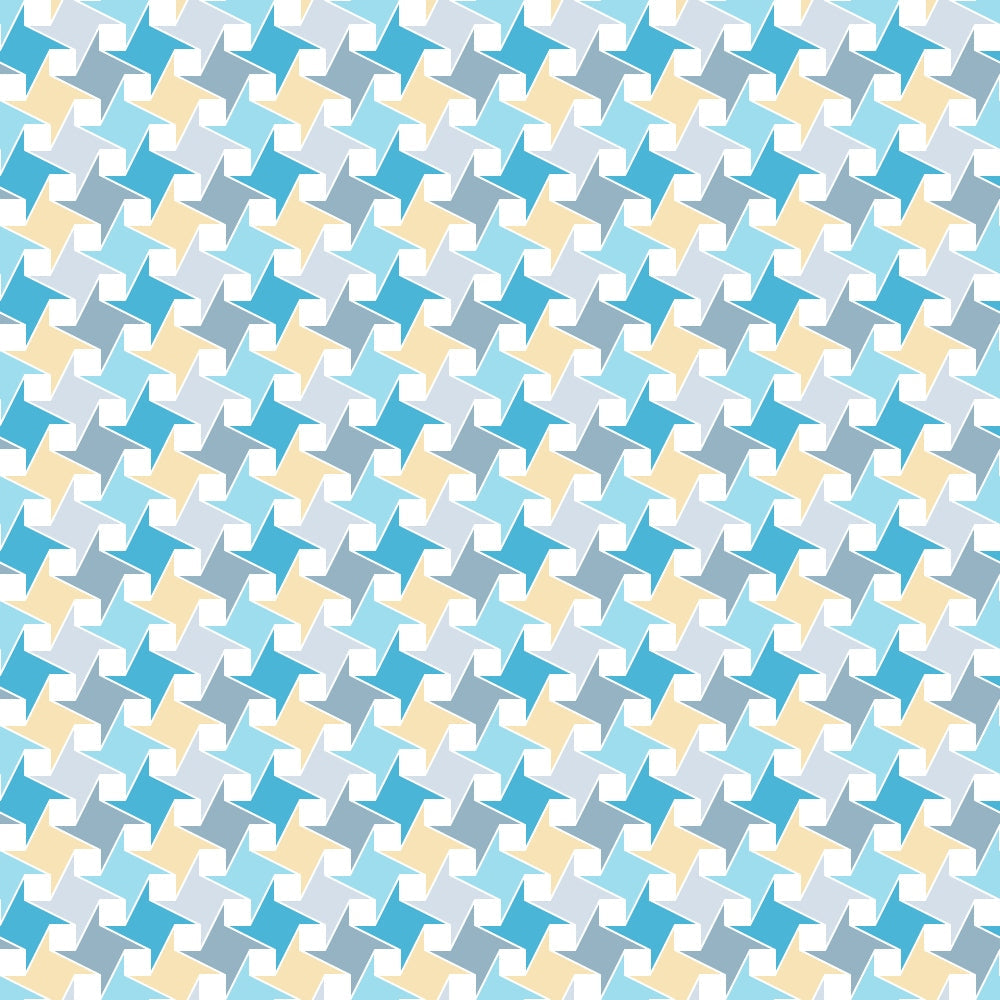 A repeating geometric pattern with interlocking shapes in teal, yellow, and white forming an optical illusion effect.