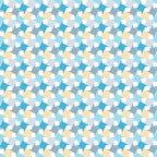 A repeating geometric pattern with interlocking shapes in teal, yellow, and white forming an optical illusion effect.