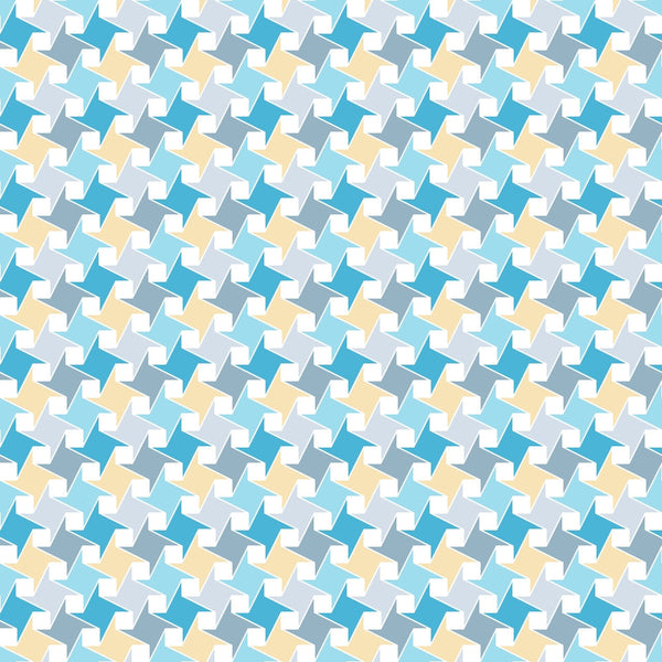 A repeating geometric pattern with interlocking shapes in teal, yellow, and white forming an optical illusion effect.