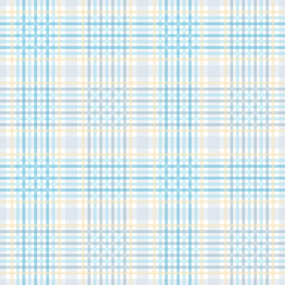 A plaid pattern with intersecting blue, white, yellow, and beige lines on a light background.