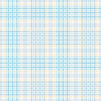 A plaid pattern with intersecting blue, white, yellow, and beige lines on a light background.