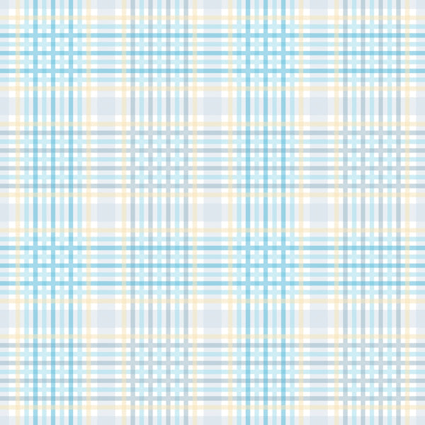 A plaid pattern with intersecting blue, white, yellow, and beige lines on a light background.