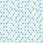 Pattern of small stars in blue, yellow, and gray on a white background, arranged in a repeating, evenly spaced design.