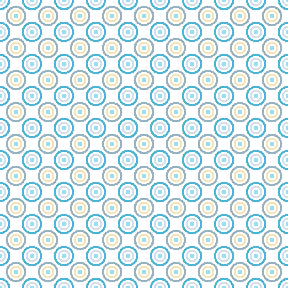 Pattern of blue, yellow, and white concentric circles on a white background, arranged diagonally across the image.