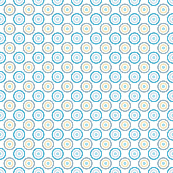 Pattern of blue, yellow, and white concentric circles on a white background, arranged diagonally across the image.