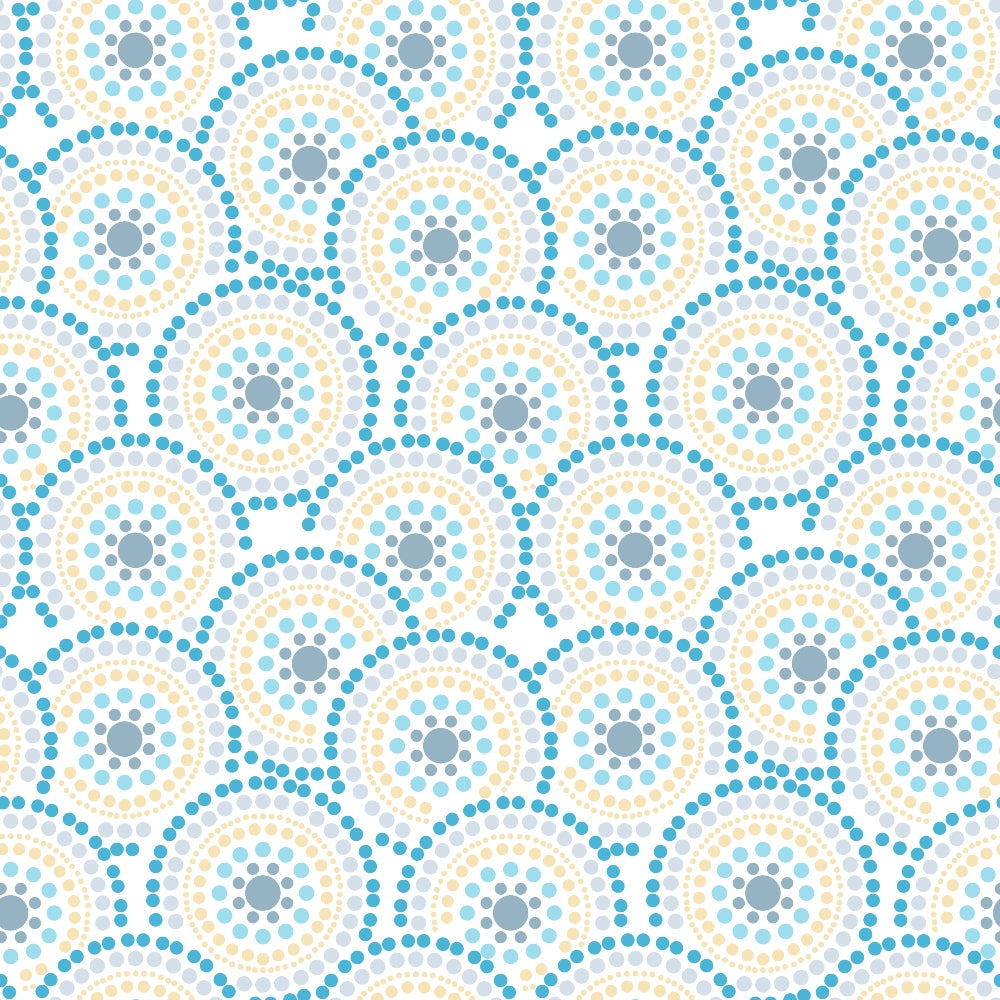 Circular geometric pattern with concentric rings of blue and beige dots on a white background.