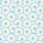 Circular geometric pattern with concentric rings of blue and beige dots on a white background.