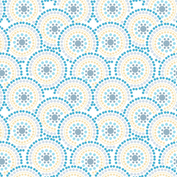 Circular geometric pattern with concentric rings of blue and beige dots on a white background.