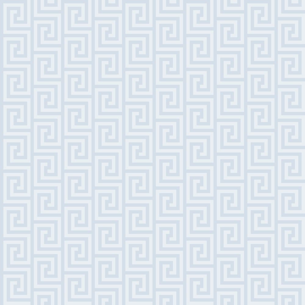 A seamless Greek key pattern with blue and white interlocking geometric shapes.